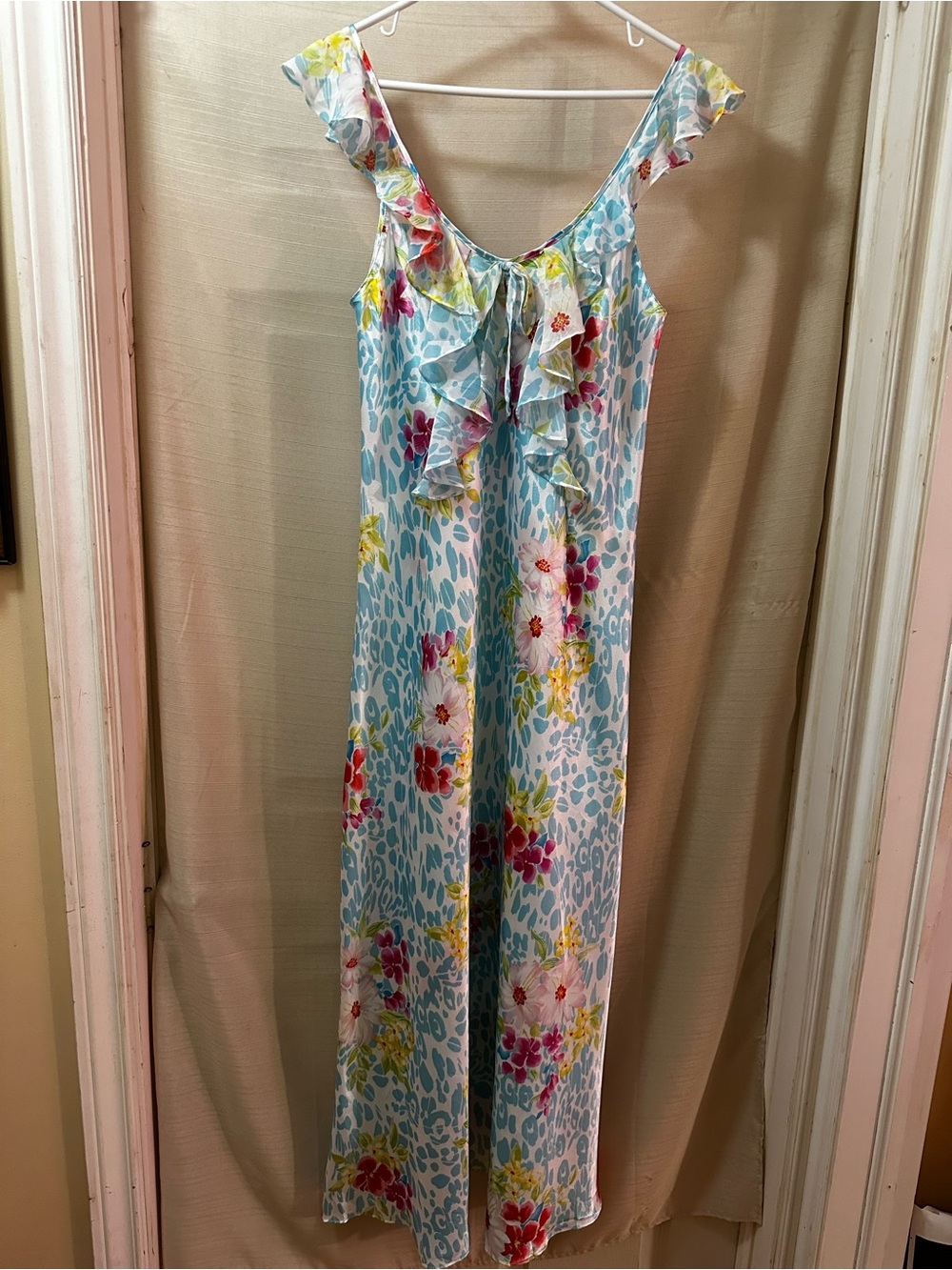 Vintage Y2K Oscar de la Renta Pink Label Floral Ruffle Maxi Slip Dress Small